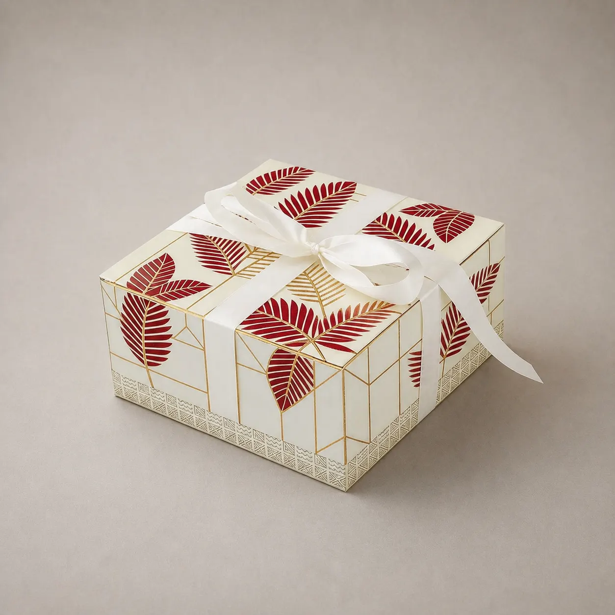 Luxury Ivory & Burgundy Palm Leaf Rigid Gift Box with Ribbon — image 1 of 4