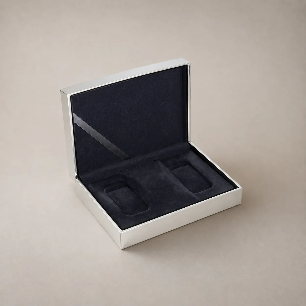 Luxury Mirror Chrome Silver Rigid Presentation Box with Black Velvet Tray — image 1 of 4
