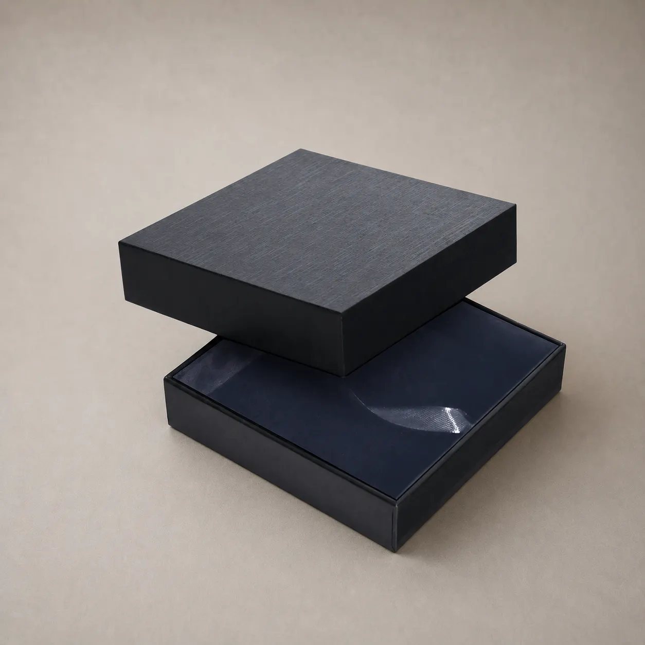 Luxury Pitch Black Brushed Woodgrain Rigid Gift Box with Navy Velvet Interior — image 1 of 4