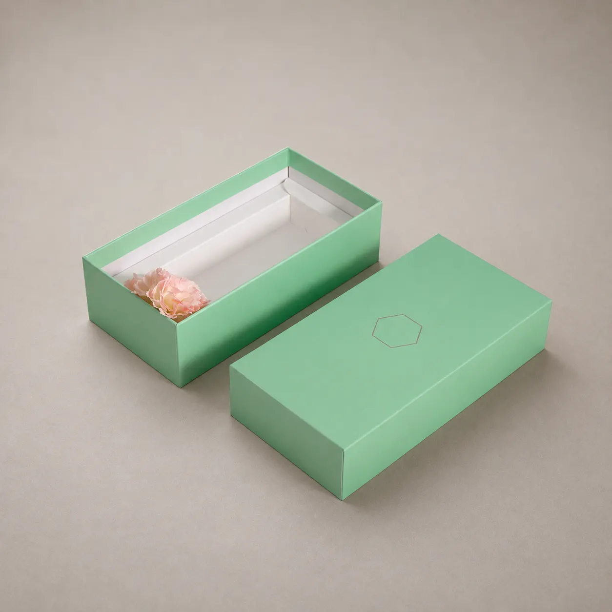 Luxury Mint Green Elongated Shoulder Rigid Box with Silver Hexagon — image 1 of 4