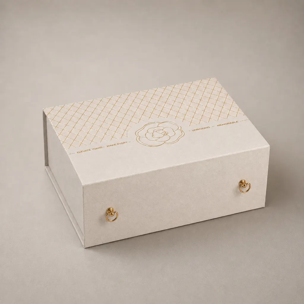 Luxury Ivory Cream & Gold Camellia Magnetic Rigid Box with Brass Rings — image 1 of 4
