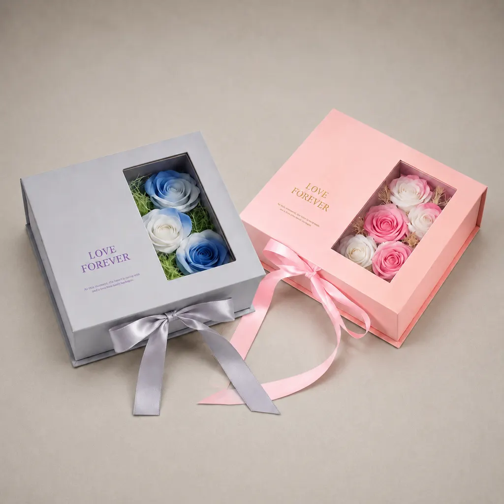 Luxury Preserved Rose Window Rigid Perfume Box with Ribbon Bow — image 1 of 4