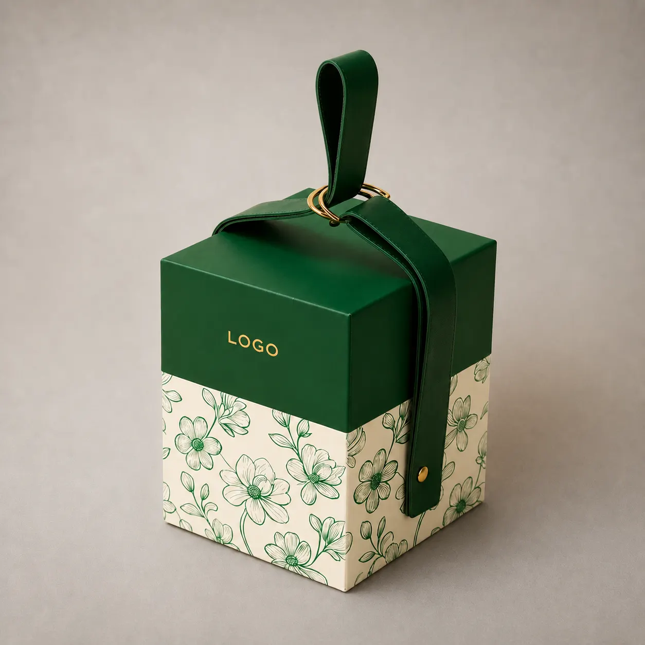 Luxury Emerald Green & Botanical Floral Rigid Box with Leather Strap — image 1 of 4
