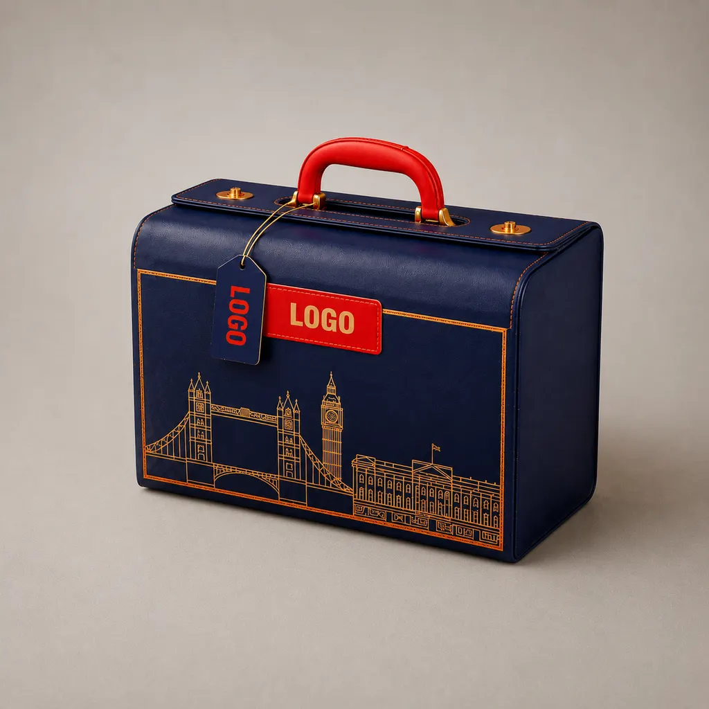 Luxury Royal Blue Suitcase Rigid Presentation Box with Gold Skyline — image 1 of 4