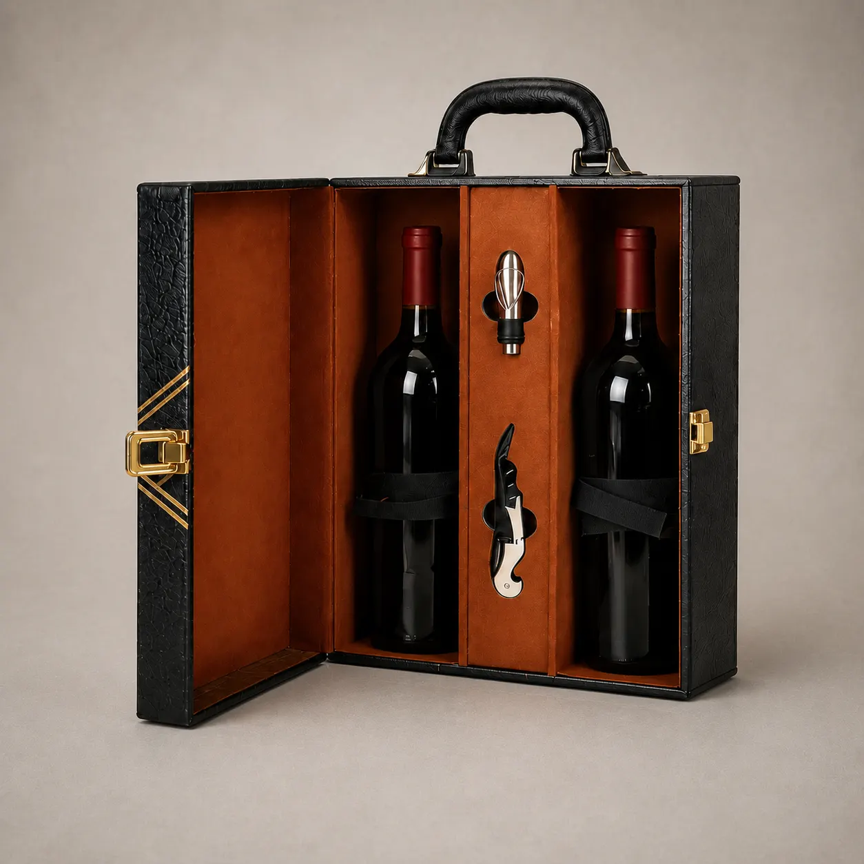 Luxury Black Crocodile Leatherette Dual Wine Bottle Trunk Box — image 1 of 4