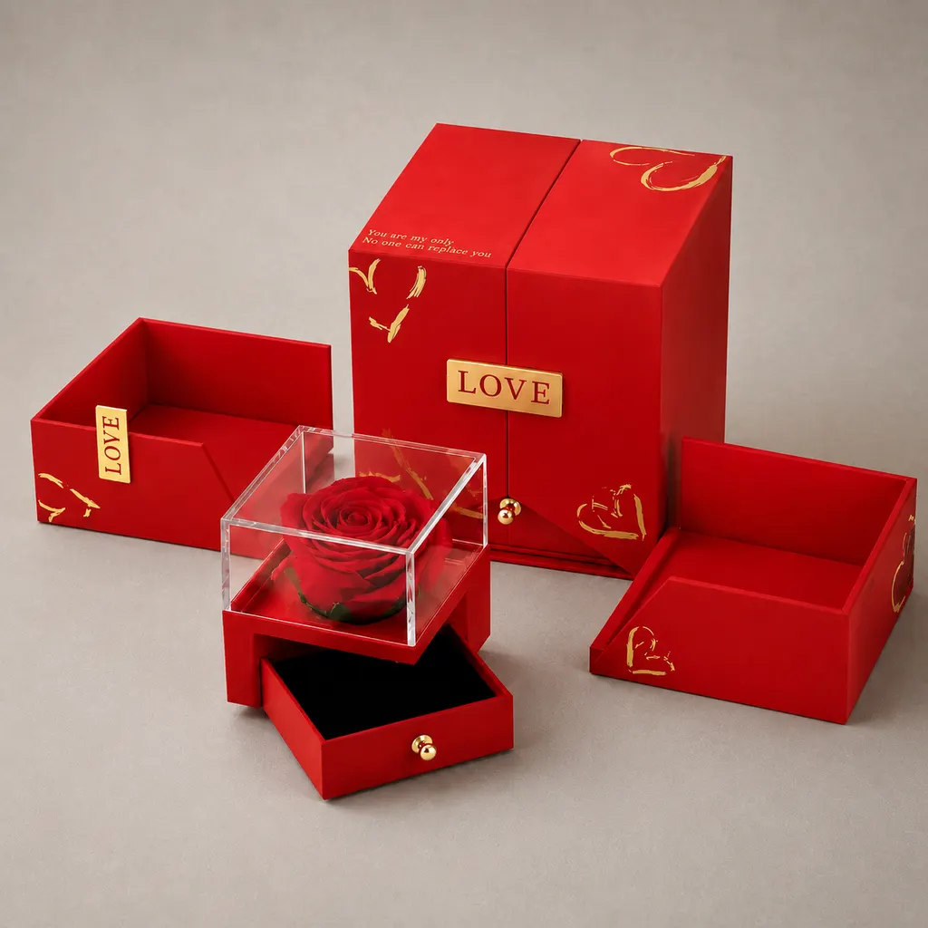 Luxury Crimson Red Double-Door Preserved Rose Jewelry Gift Box — image 1 of 4