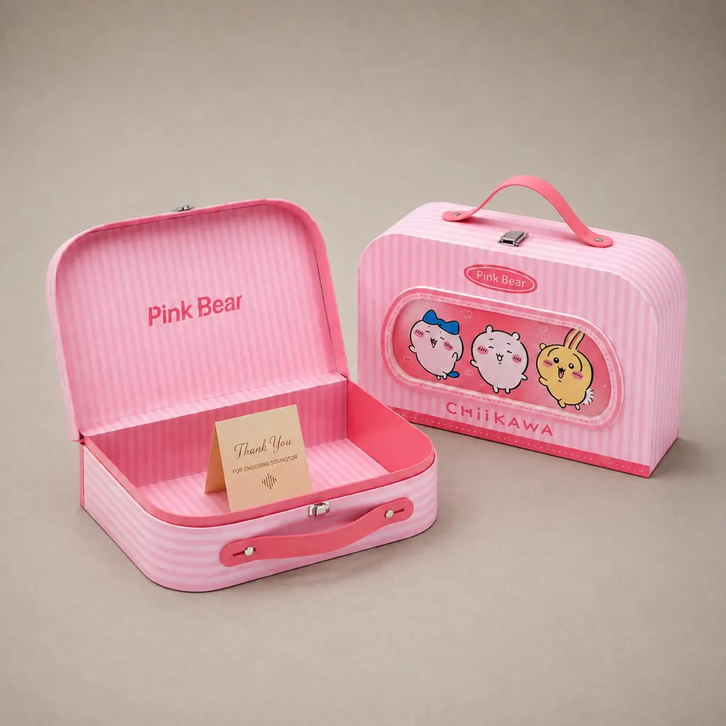 Kawaii Pastel Pink Striped Suitcase Rigid Box with Display Window — image 1 of 4