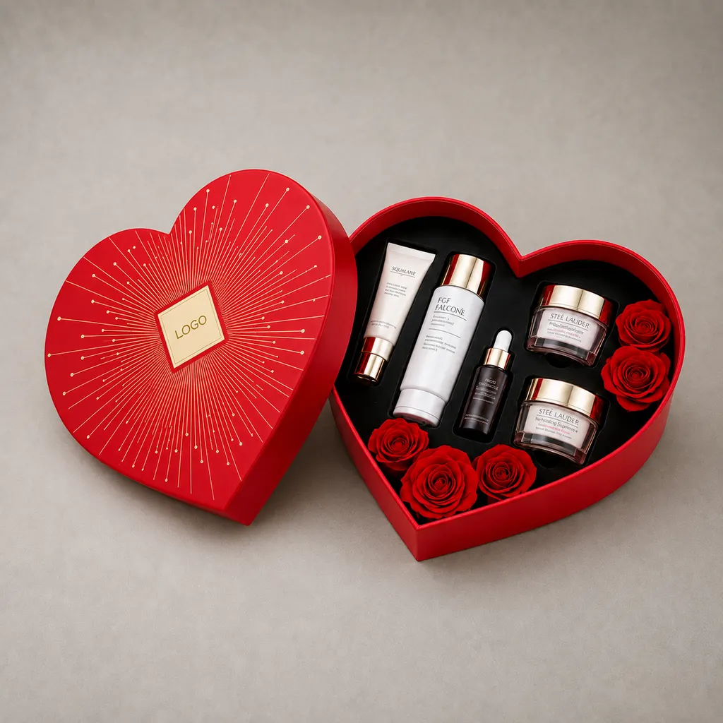 Luxury Heart-Shaped Crimson Red Skincare Rigid Box with Gold Sunburst — image 1 of 4