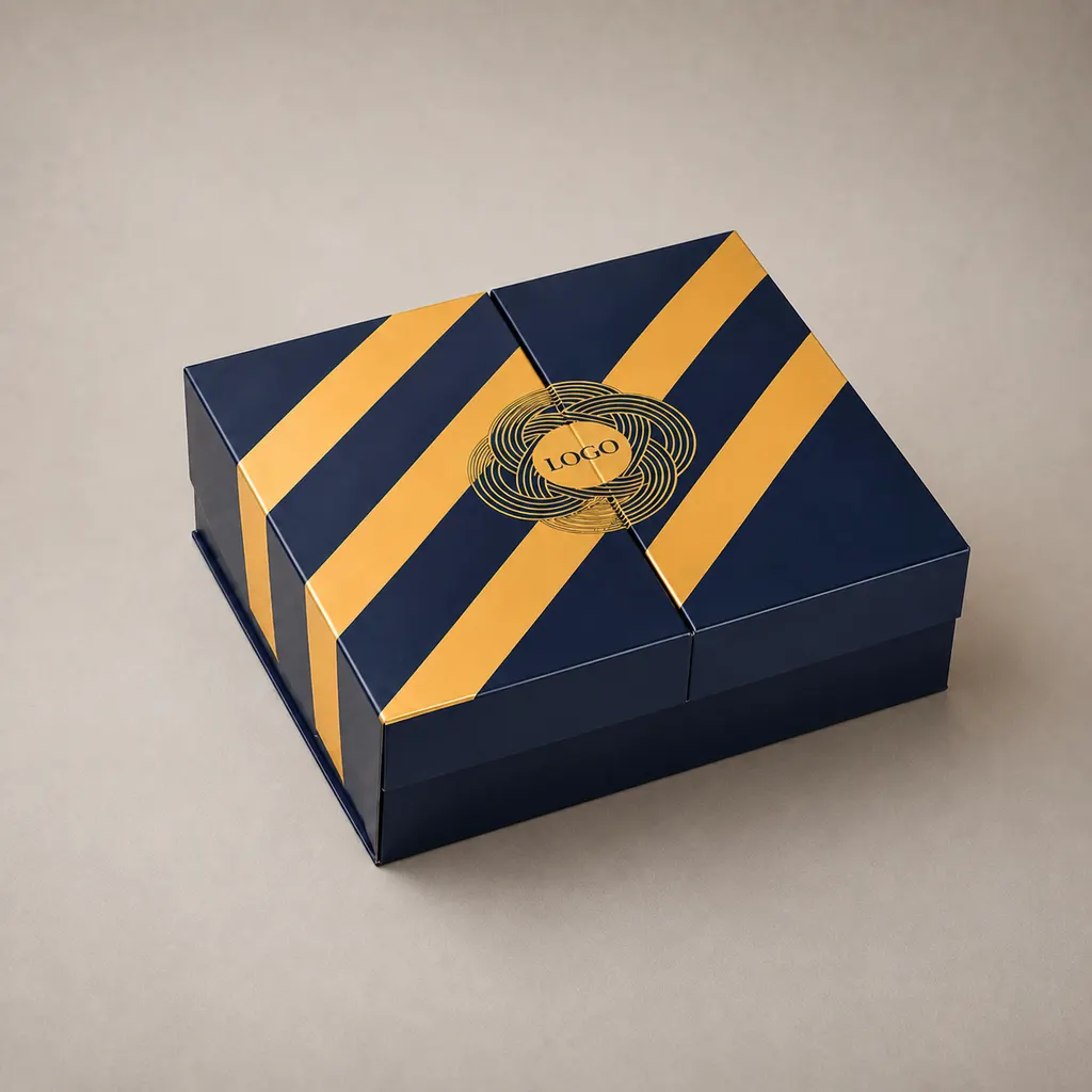Luxury Midnight Navy & Gold Striped Double-Door Gatefold Box — image 1 of 4