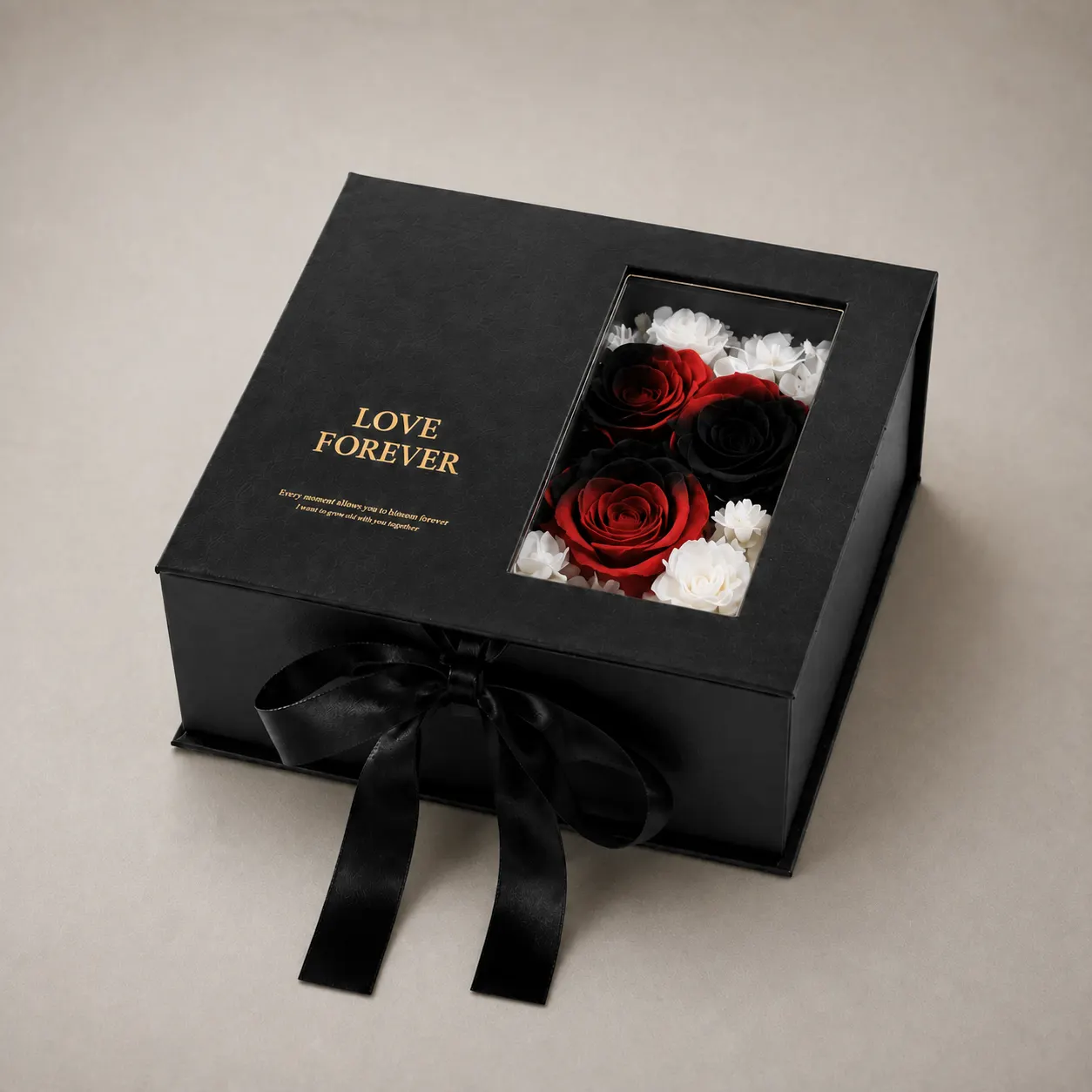 Luxury Pitch Black Window Book-Style Preserved Rose Box — image 1 of 4