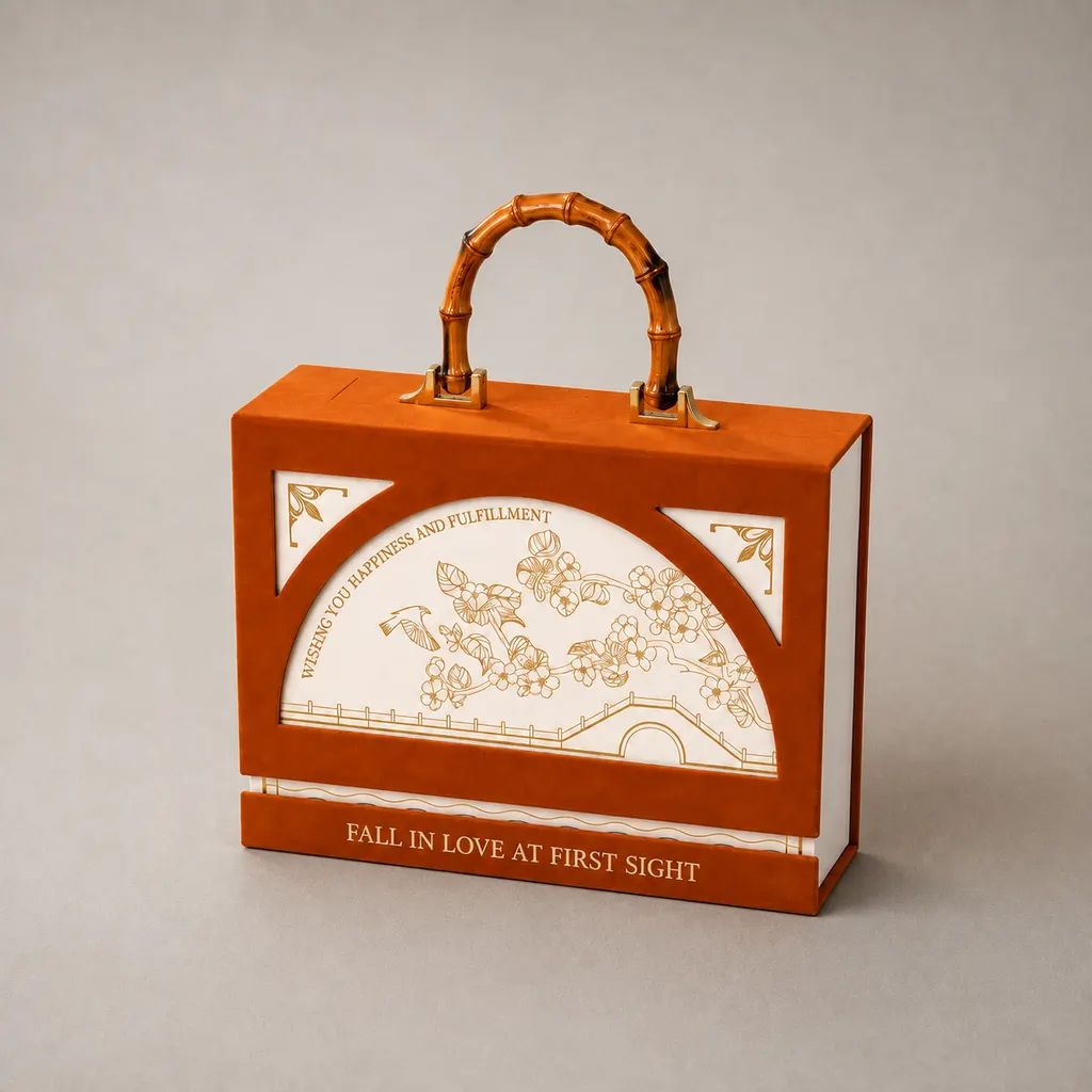 Luxury Saddle Tan Suede Book-Style Rigid Box with Bamboo Handle — image 1 of 3