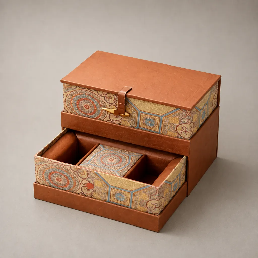 Luxury Cognac Leatherette & Heritage Mandala Multi-Tier Chest Box — image 1 of 7