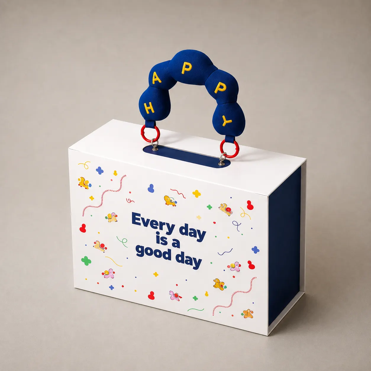 Whimsical White Book-Style Rigid Box with Embroidered Plush Handle — image 1 of 4