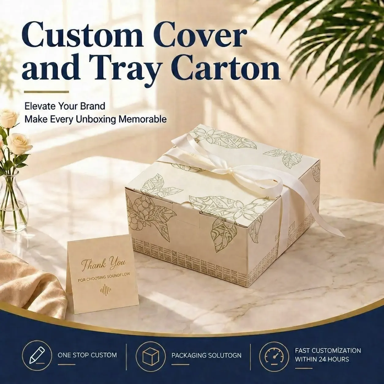 Luxury Ivory Botanical Line-Art Cover & Tray Box with Satin Ribbon — image 1 of 4