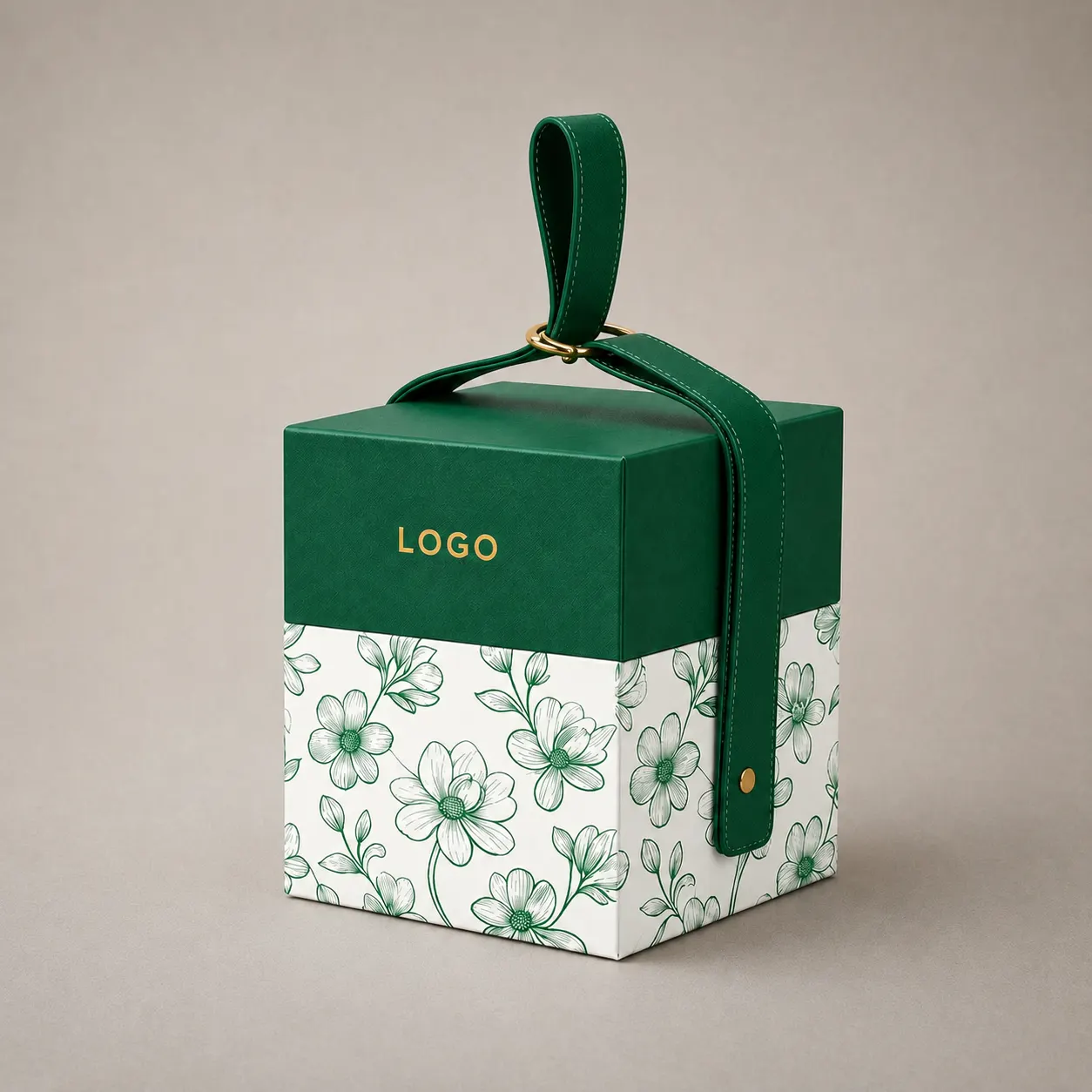 Luxury Emerald Botanical Cube Gift Box with Stitched Leather Handle — image 1 of 4