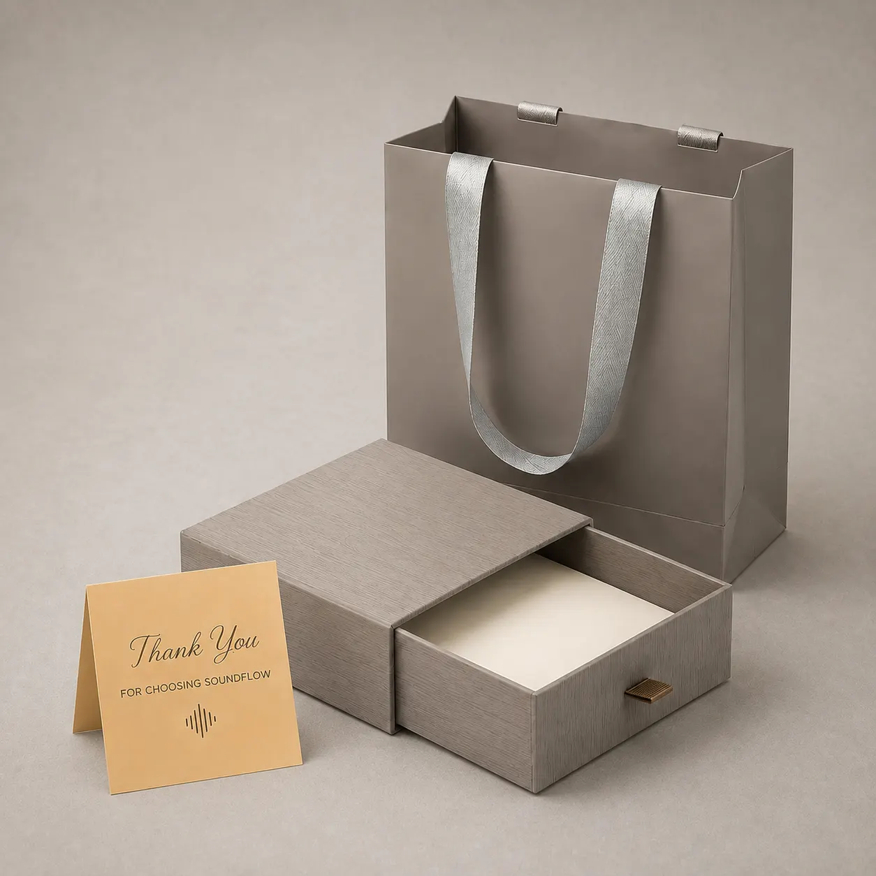 Minimalist Taupe Woodgrain Sliding Drawer Gift Box with Matching Tote Bag — image 1 of 4