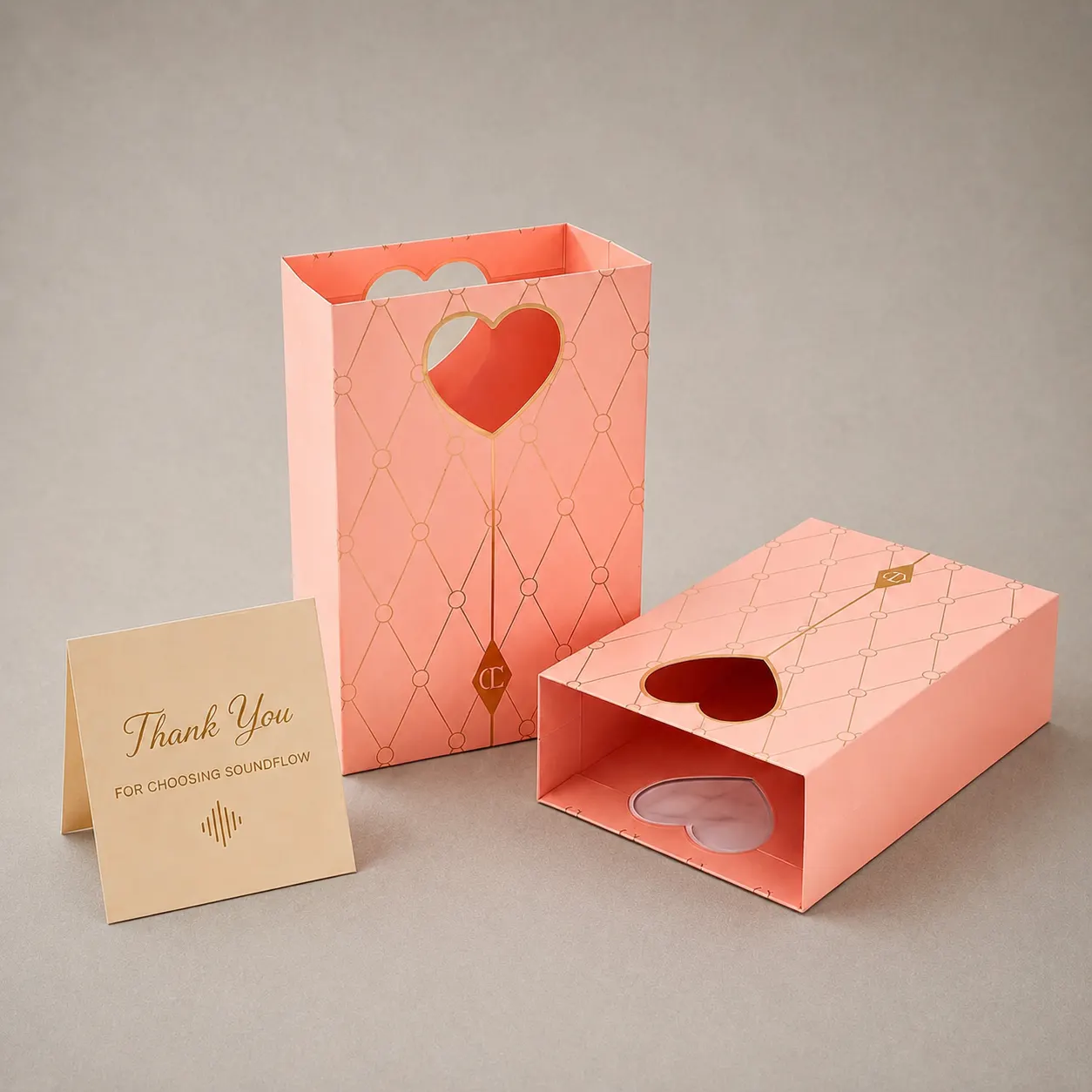 Luxury Coral Pink Geometric Trellis Paper Bag with Die-Cut Heart Handle — image 1 of 4