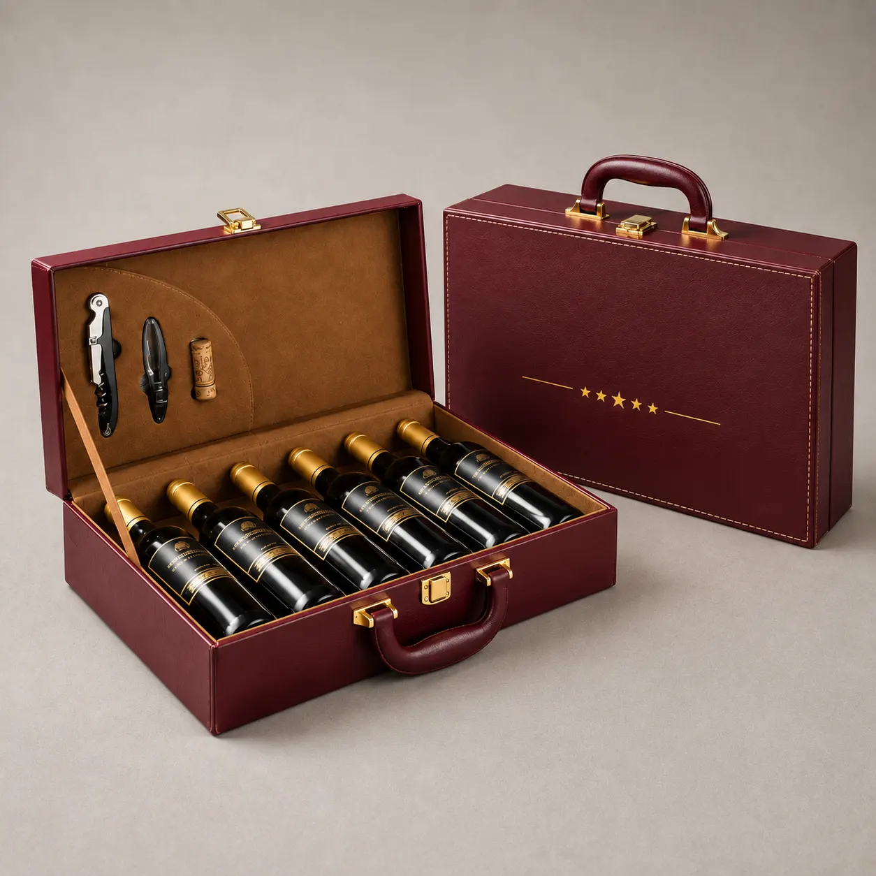 Luxury Burgundy Leatherette Six-Bottle Wine Briefcase Presentation Box — image 1 of 4