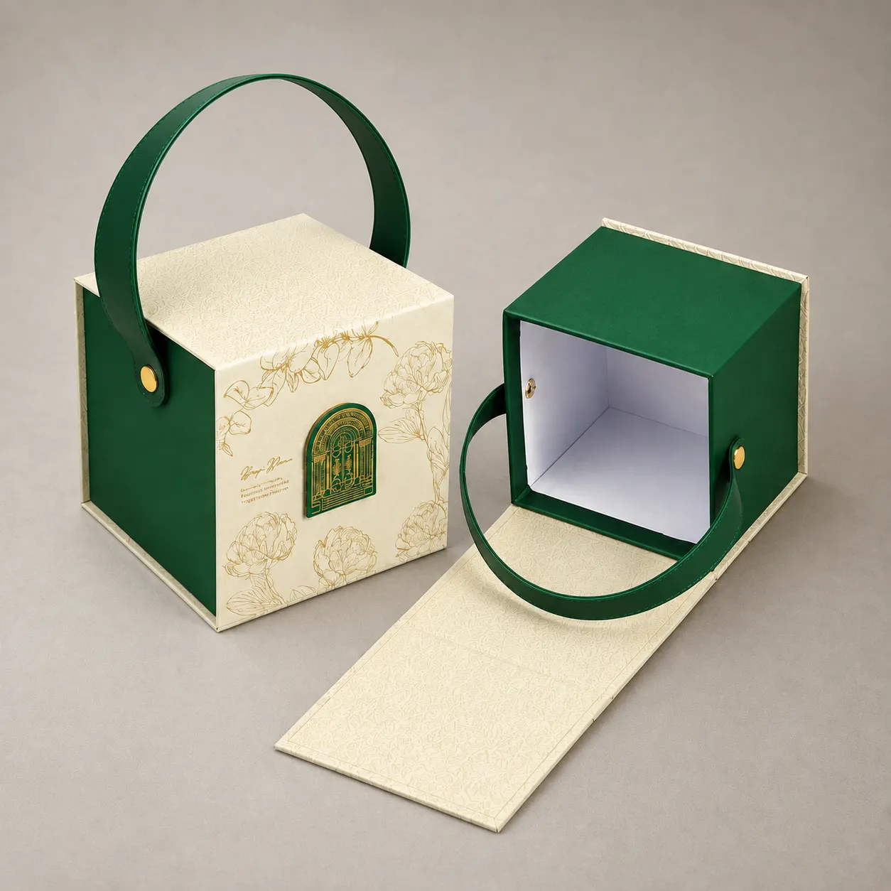 Luxury Emerald & Ivory Botanical Book-Style Rigid Box with Leather Handle — image 1 of 4