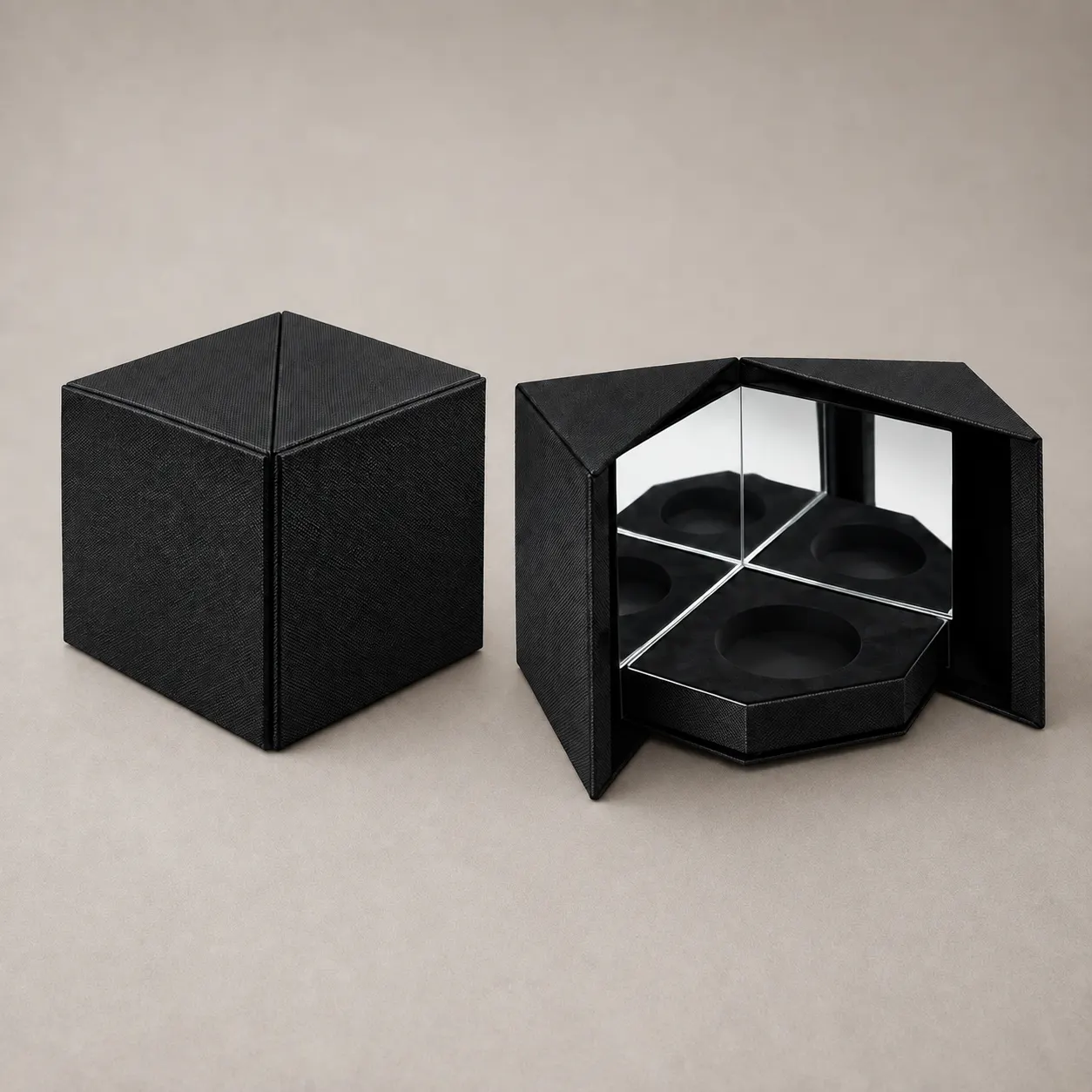 Luxury Black Saffiano Transformable Cube Display Box with Vanity Mirrors — image 1 of 4