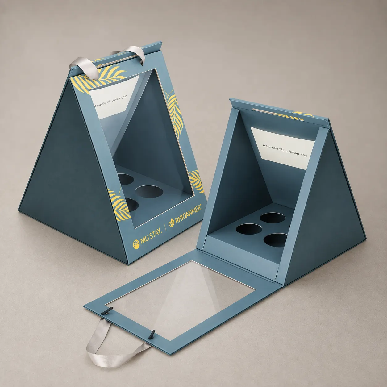 Luxury Slate Blue Triangular A-Frame Window Showcase Box with Ribbon Handles — image 1 of 4