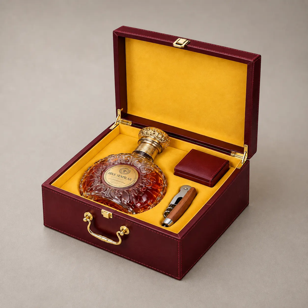 Luxury Burgundy Leatherette Hinged Decanter & Spirits Presentation Case — image 1 of 4