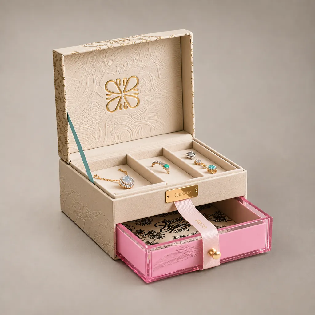 Embossed Hinged Jewelry Box with Pink Acrylic Drawer