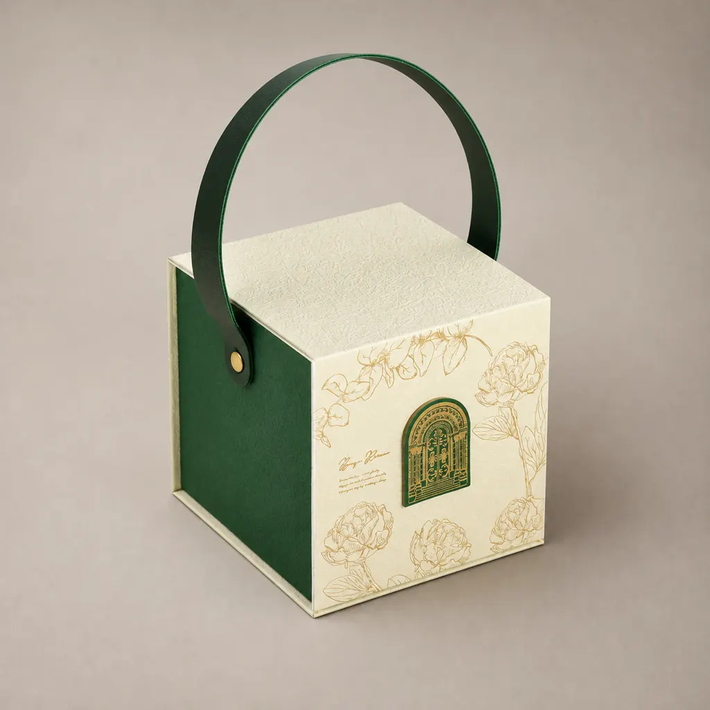 Arched Leather Handle Botanical Cube Presentation Box — image 1 of 4