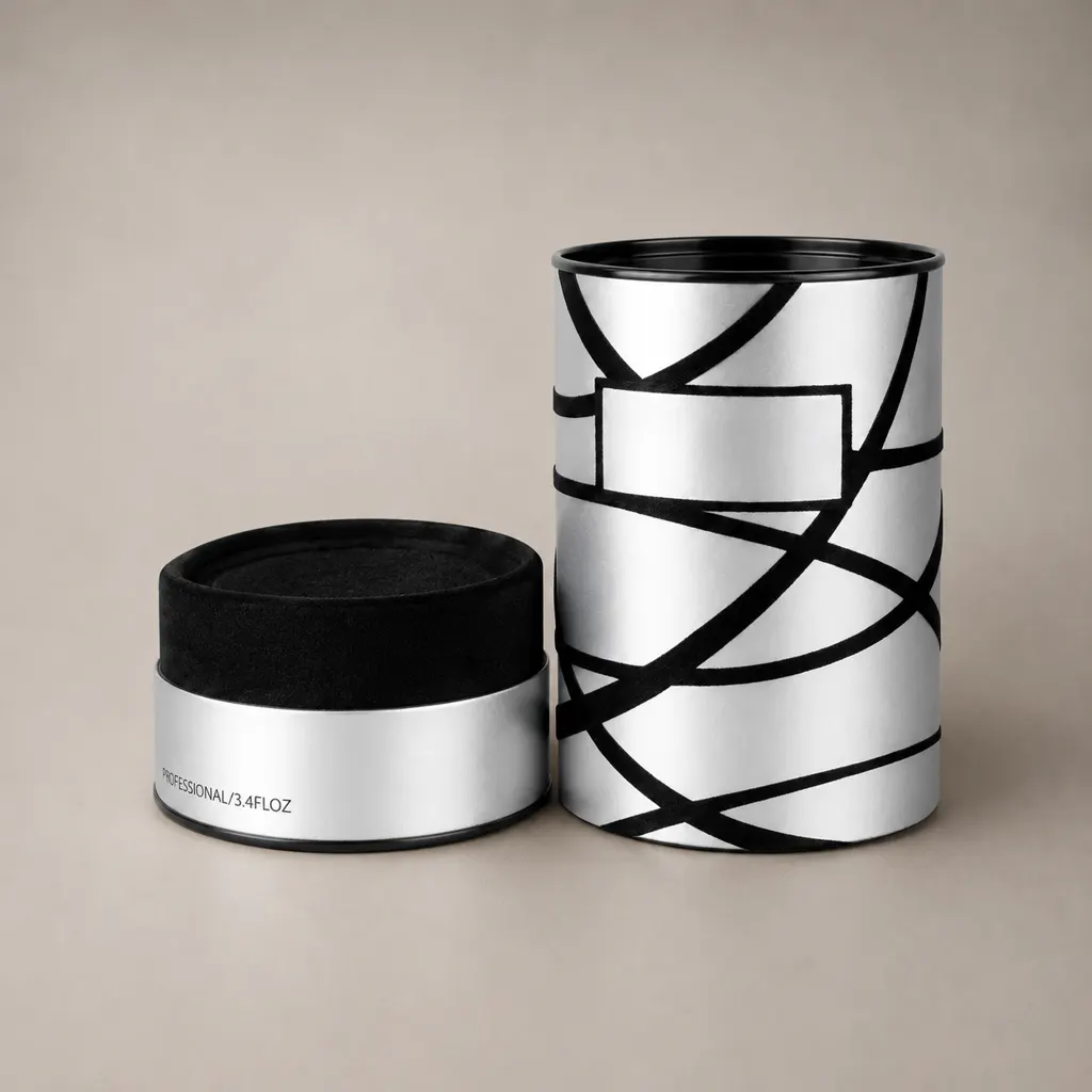 Metallic Silver and Black Flocked Cylinder Perfume Presentation Box