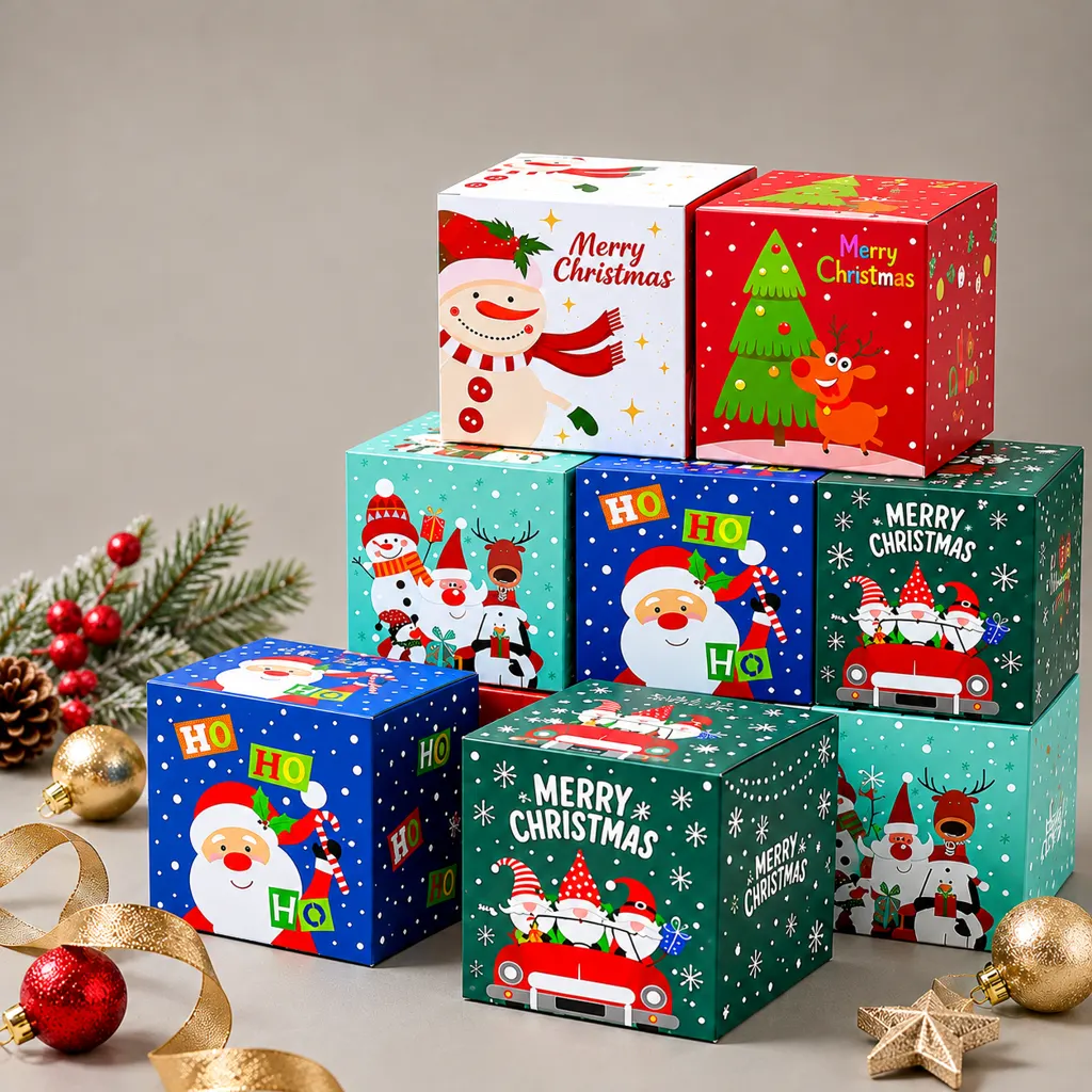 Cube Christmas Gift Boxes, Colorful Cartoon Santa Snowman Reindeer Design