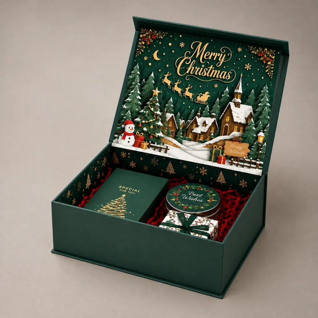 Dark Green Magnetic Flip Christmas Gift Box With 3D Christmas Village Interior Design