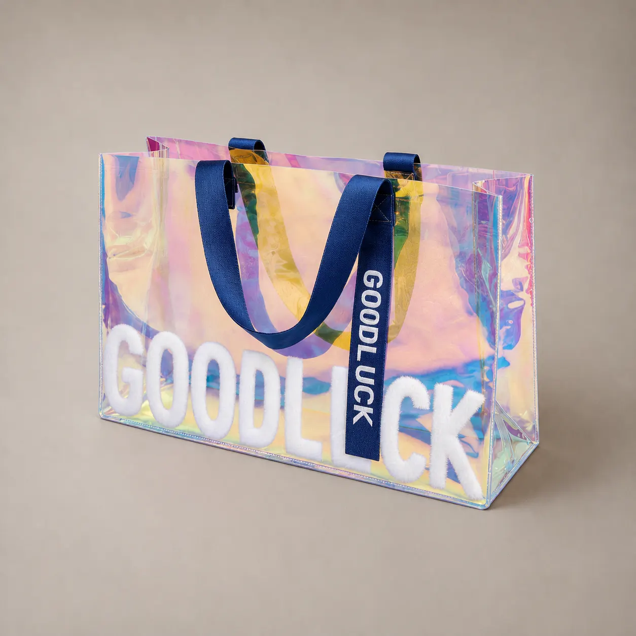 Iridescent Holographic PVC Gift Tote Bag, Transparent Shopping Handbag With Satin Ribbon Handle