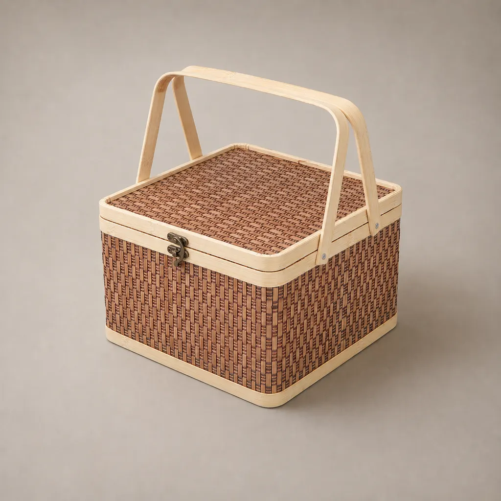 Square Bamboo Woven Gift Storage Box, Handheld Custom Gift Hamper With Latch Lock — image 1 of 4