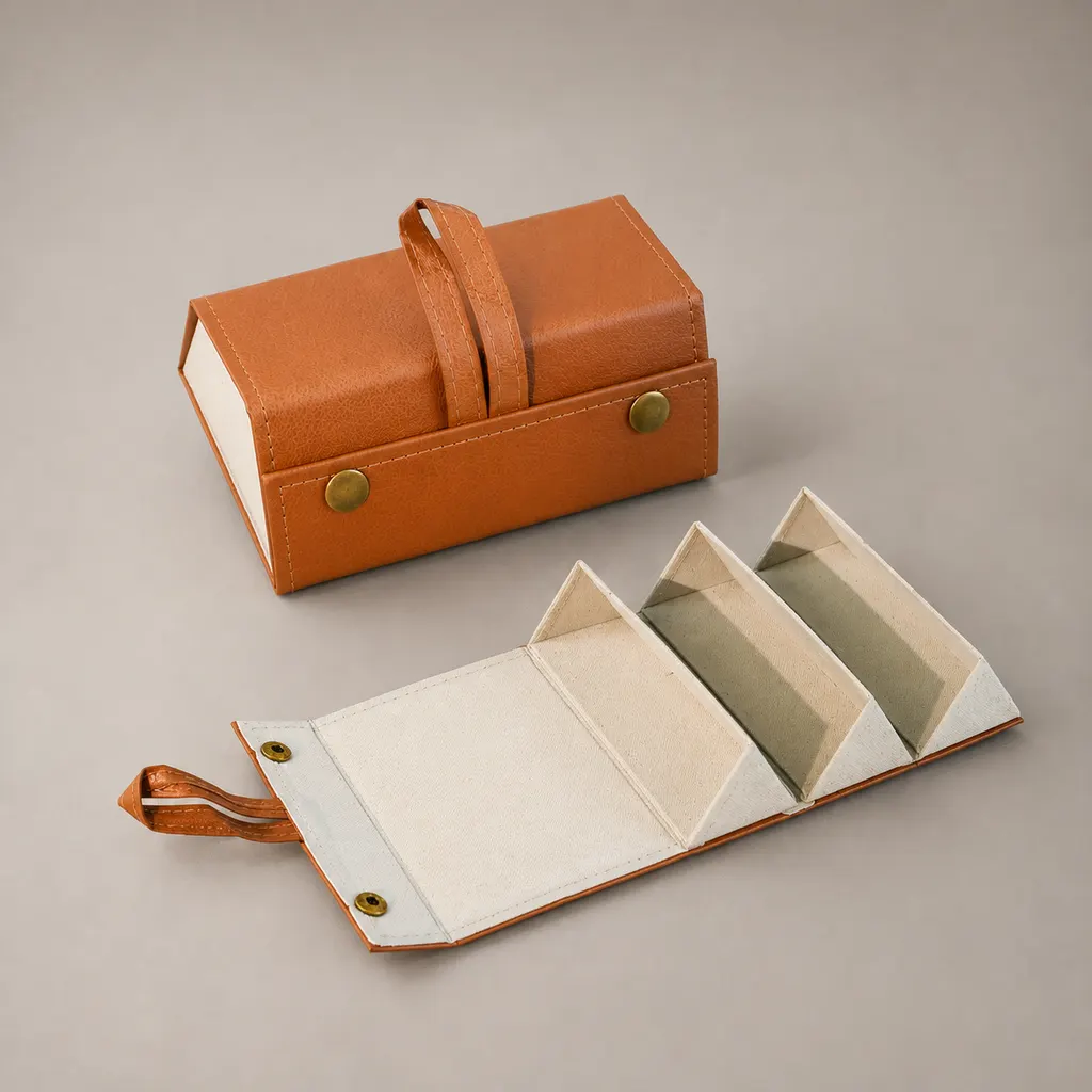 Brown Faux Leather Multi Compartment Foldable Gift Box With Carry Handle & Snap Buttons — image 1 of 4