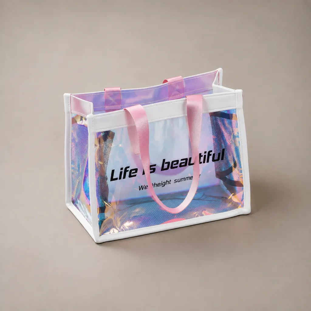Iridescent Holographic PVC Tote Shopping Bag With White Binding And Pink Ribbon Handles