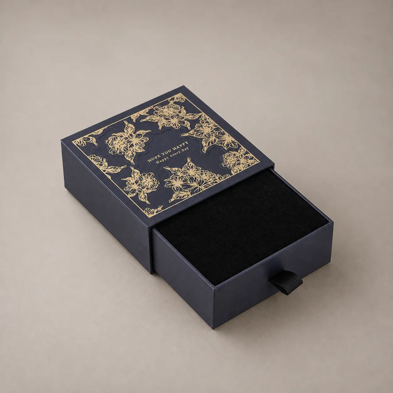 Luxury Slide Drawer Rigid Gift Box With Ribbon Pull And Velvet Liner For Small Items