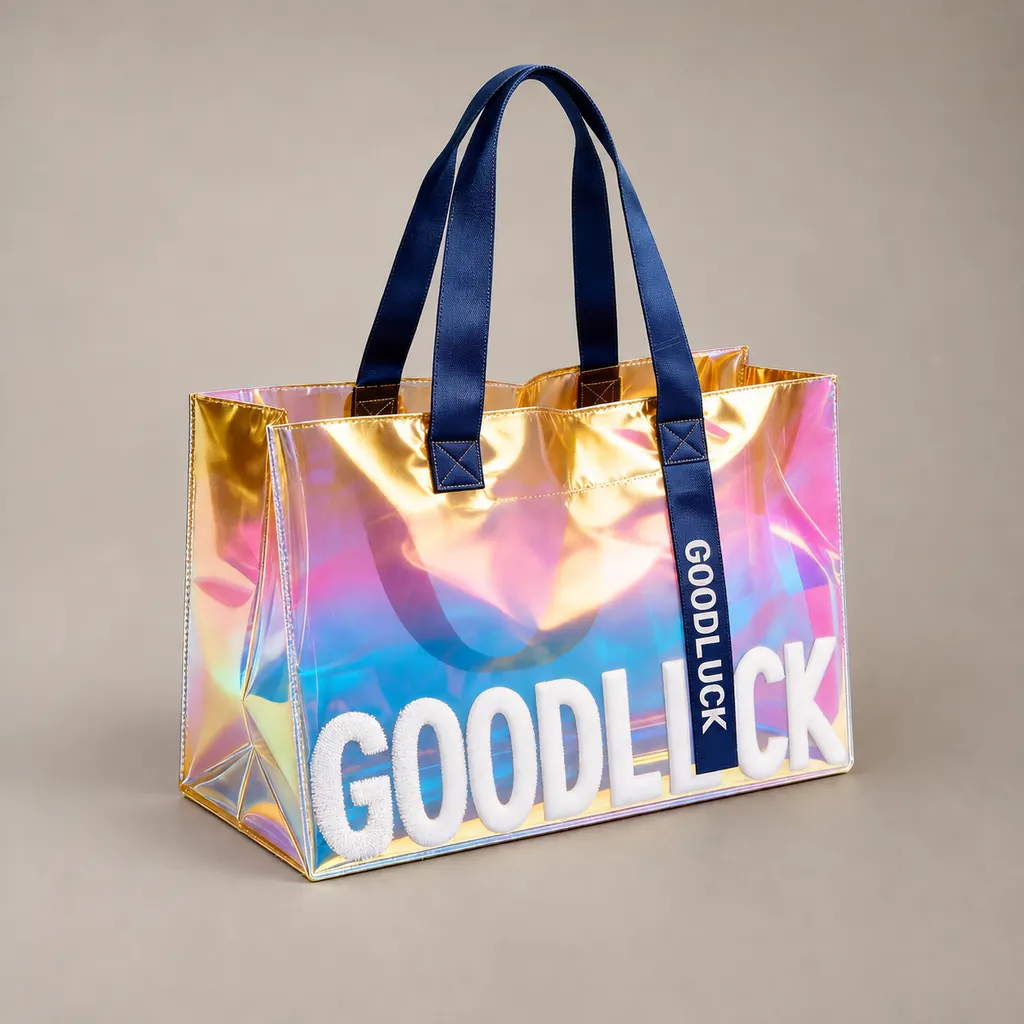 Holographic Laser PVC Gift Tote Bag With Navy Fabric Handle and Chenille Letter Decoration