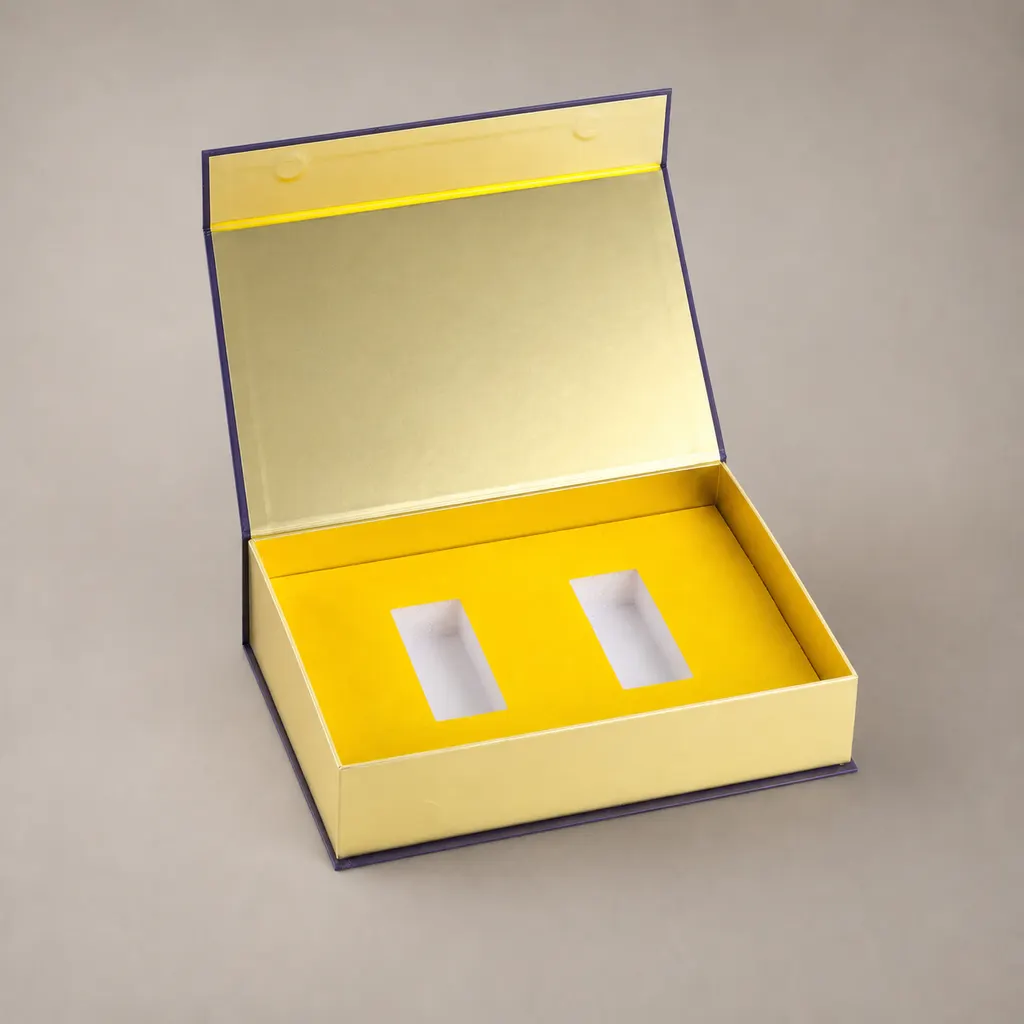 Book Style Magnetic Closure Rigid Gift Box With Custom Yellow Velvet Foam Insert