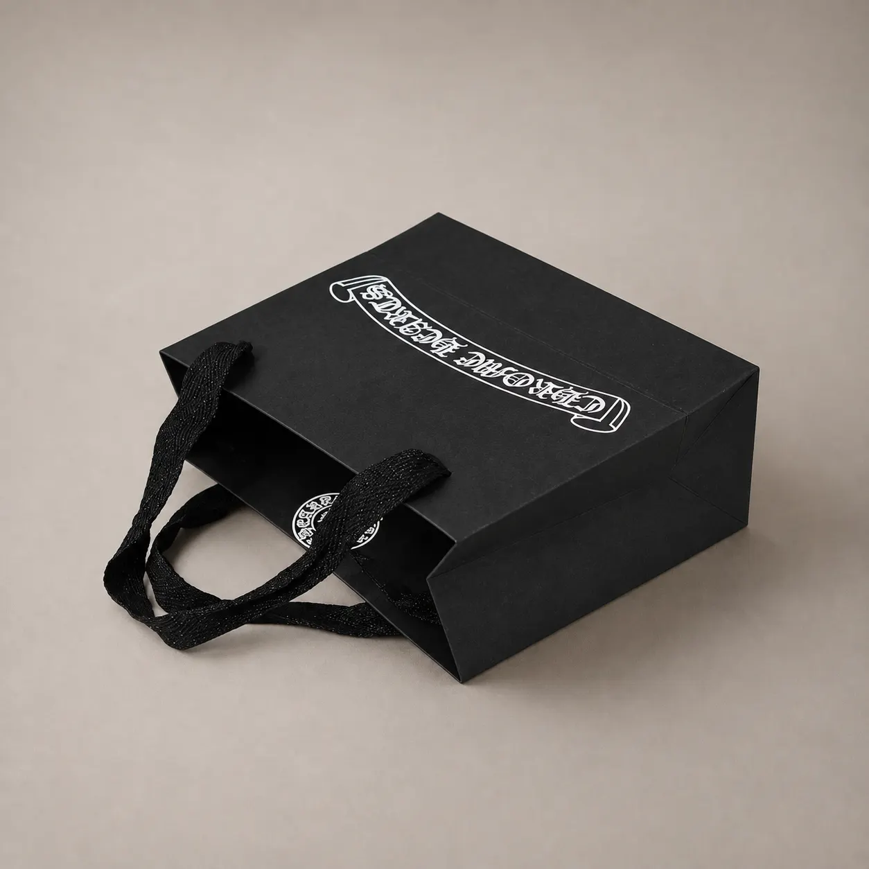 Custom Black Paper Gift Shopping Tote Bag With Ribbon Handles And White Screen Printing
