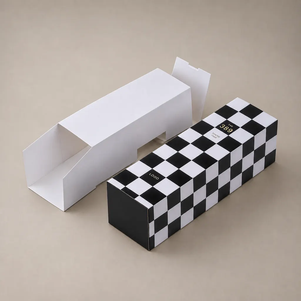 Long Sliding Drawer Type Card Box With Black And White Checkered Pattern For Gift Packaging