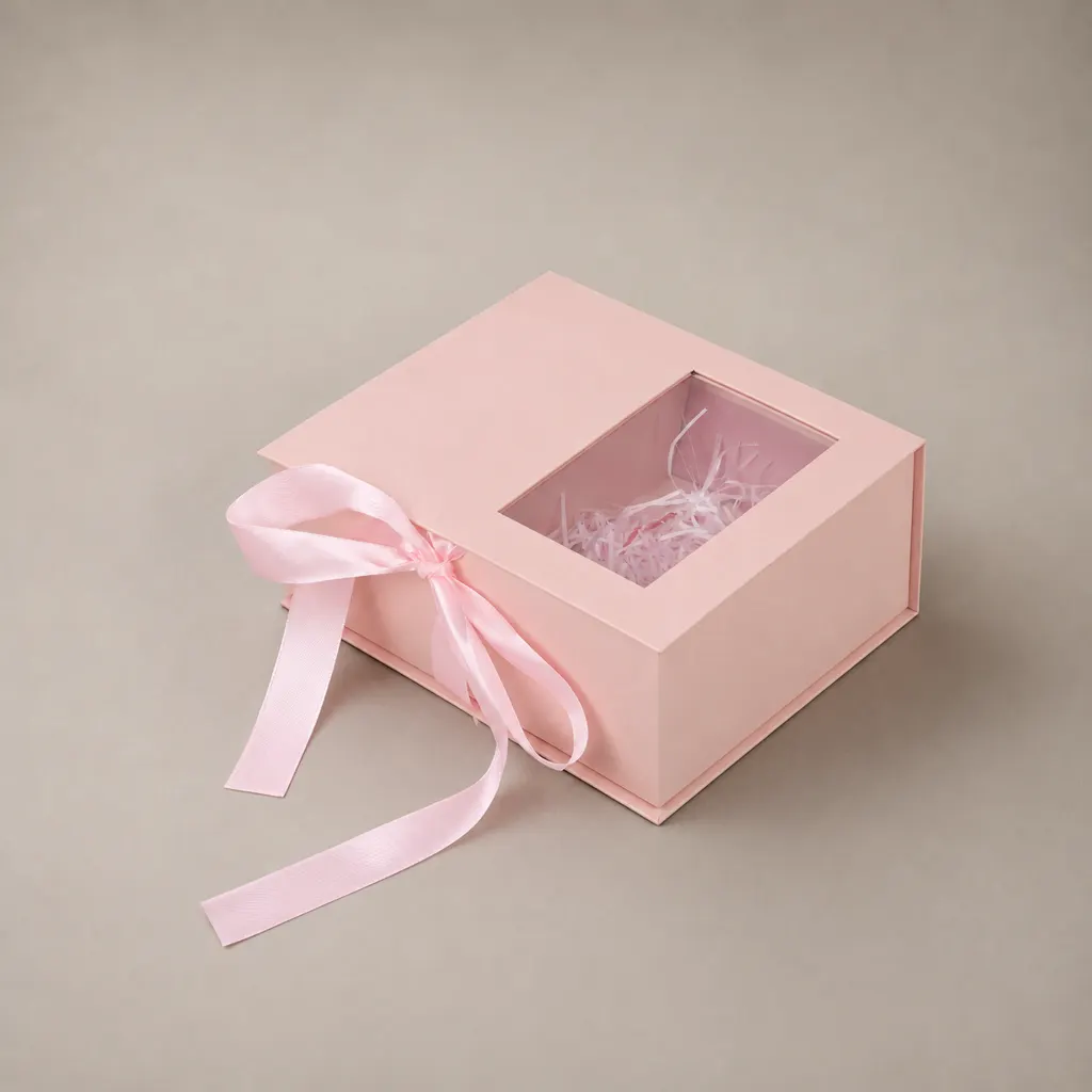 Pink Book Shaped Rigid Gift Box With PVC Window And Satin Ribbon Bow — image 1 of 5