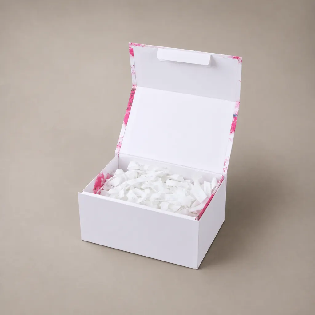 White Magnetic Foldable Book Shaped Gift Box With Pink Floral Printed Inner Edge — image 1 of 5
