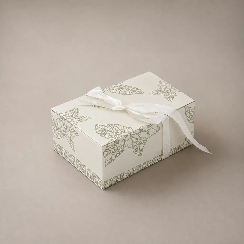 Elegant Book Style Rigid Gift Box With White Satin Ribbon And Botanical Pattern Printing — image 1 of 5