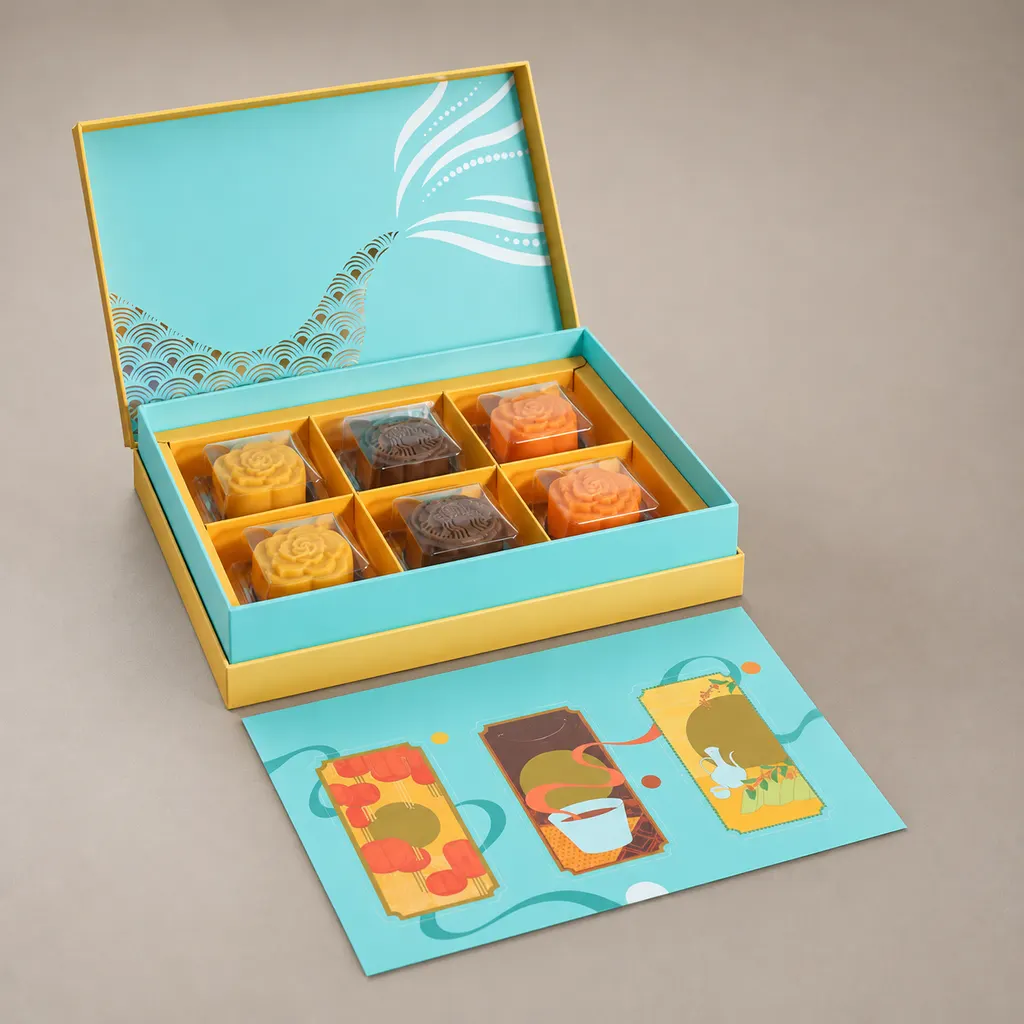 Cyan And Yellow Magnetic Book Shaped Rigid Gift Box With Divider Insert For Food Packaging — image 1 of 4