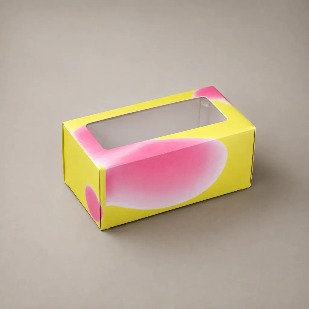 Yellow Folding Card Box With Clear PVC Window And Pink Gradient Print For Product Display — image 1 of 4