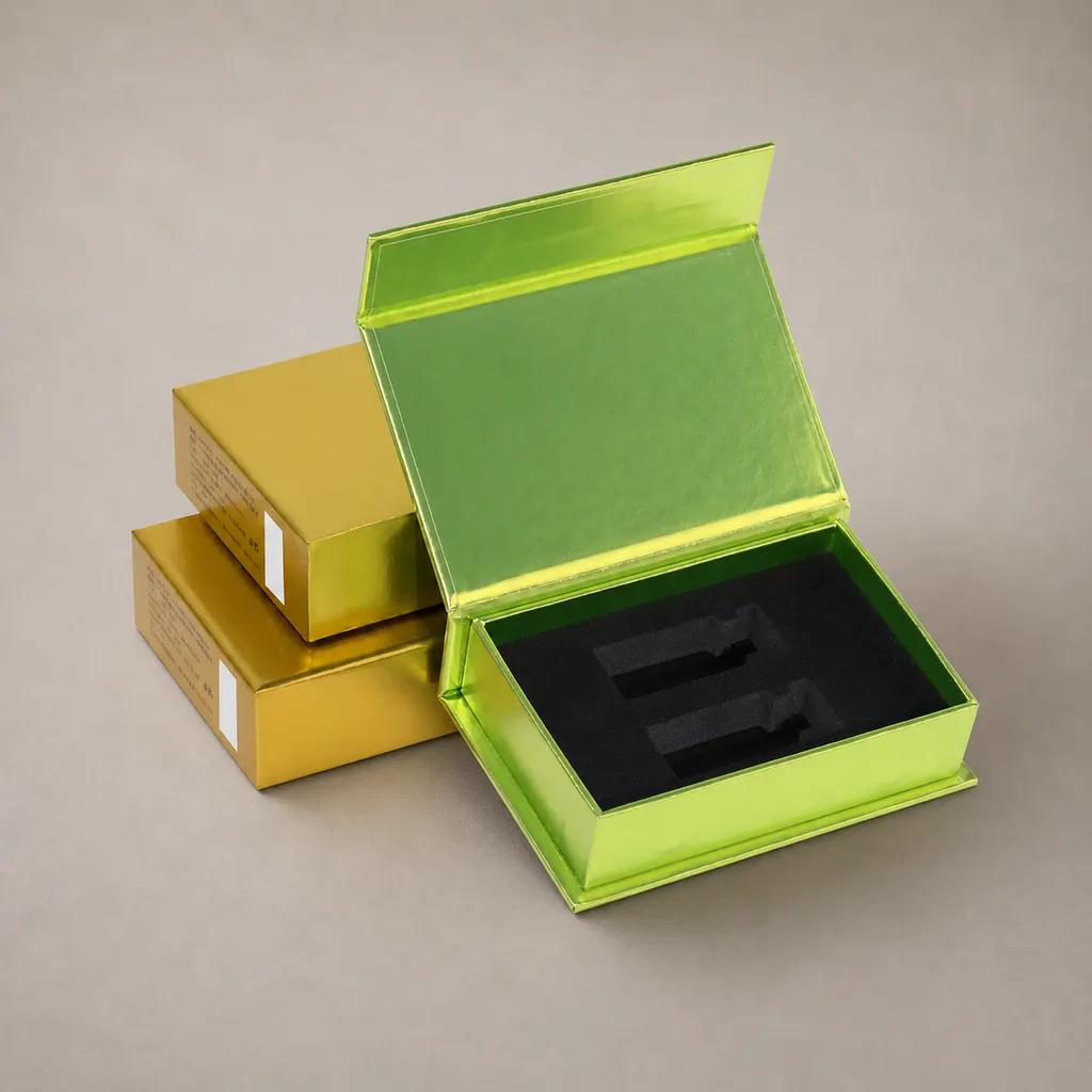Metallic Foil Magnetic Flip Book Shaped Rigid Gift Box With Custom Black Foam Inner Tray — image 1 of 4
