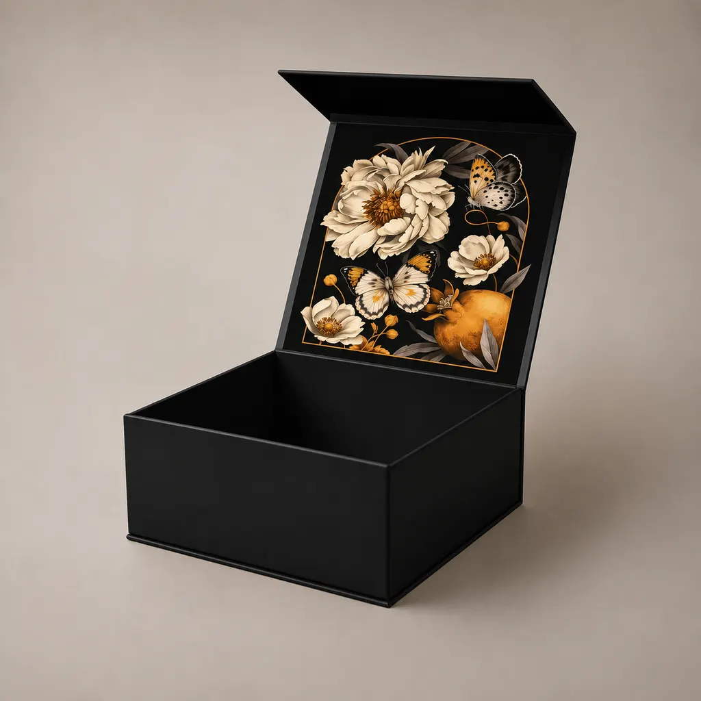 Black Magnetic Flip Book Shaped Gift Box With Custom Floral Printing On Inner Lid — image 1 of 4