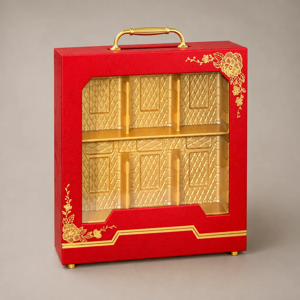 Red Rigid Gift Box With Metal Handle, PVC Transparent Window And Gold Foil Floral Print — image 1 of 4