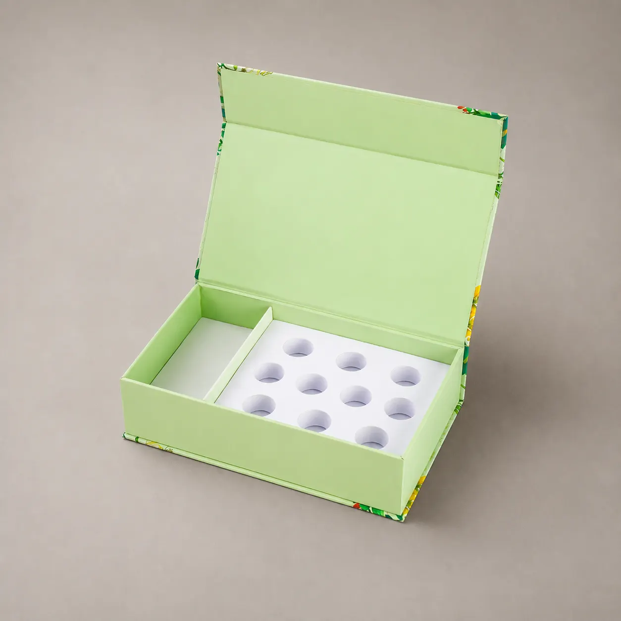 Light Green Magnetic Flip Book Shaped Gift Box With Floral Edge Print And Custom Foam Holder Insert — image 1 of 4