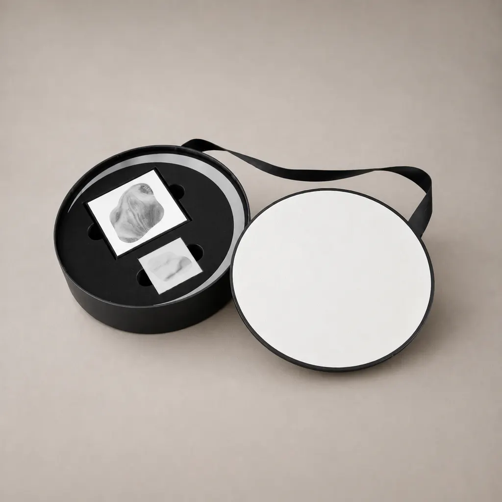 Round Cylinder Gift Box With Separated Lid, Black Ribbon Handle And Custom Pre-cut Foam Insert — image 1 of 4